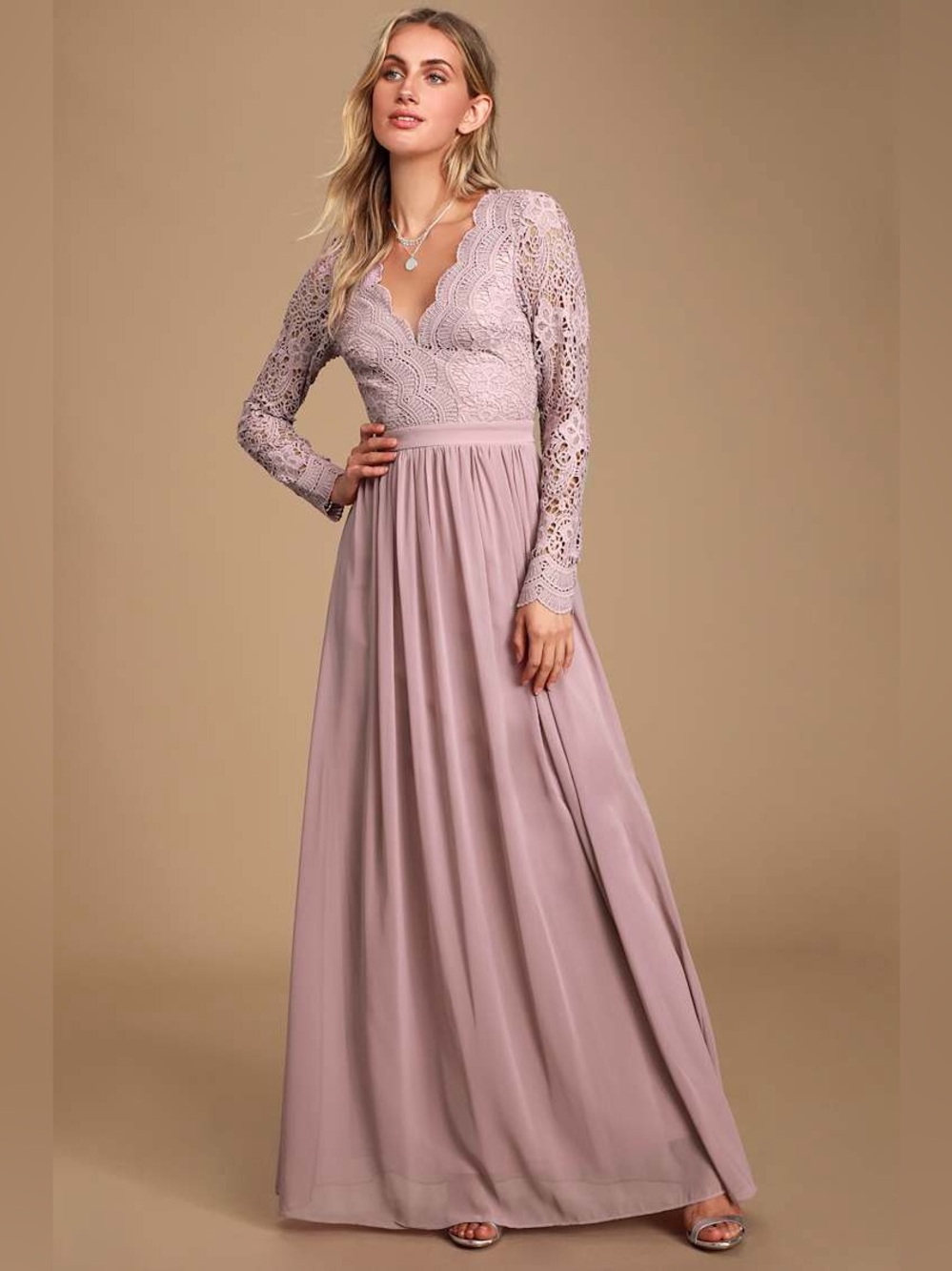 Lulus Dress Sz M “Awaken My Love” Dusty Lavender Long Sleeve Lace Maxi Elegant